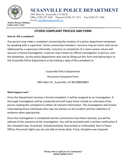 First page of the Citizen Complaint Process and Form