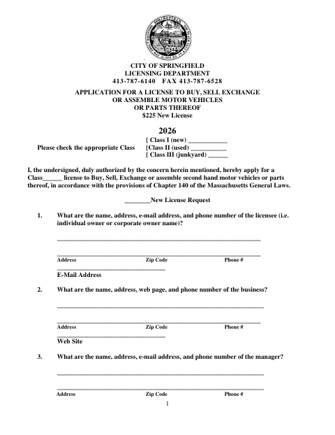 First page of the Motor Vehicle License Application