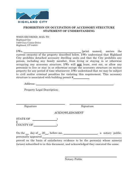 First page of the Prohibition on Occupation of Accessory Structure Statement of Understanding