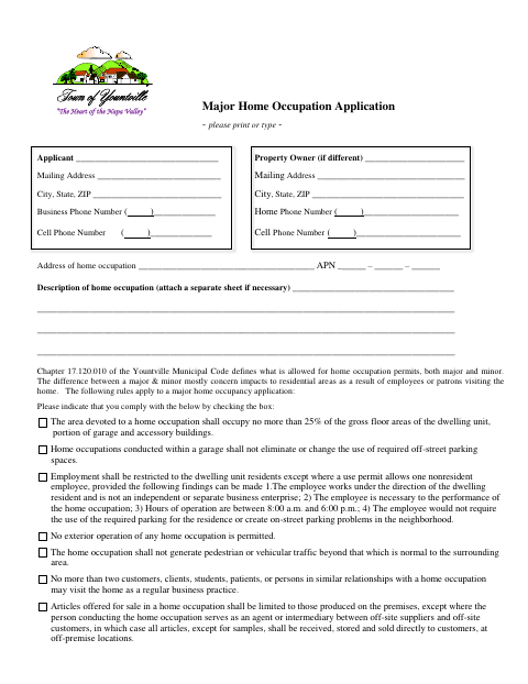 First page of the Major Home Occupation Application