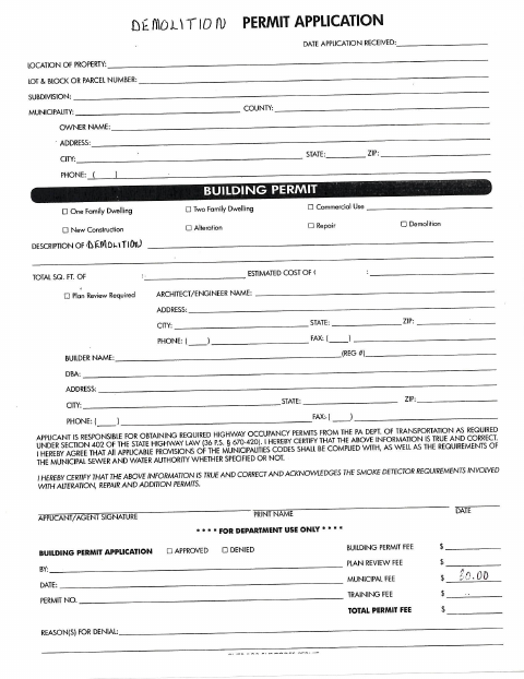 First page of the Demolition Permit Application
