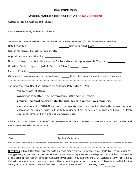 First page of the Long Point Park Pavilion/Facility Request Form for Non-Residents
