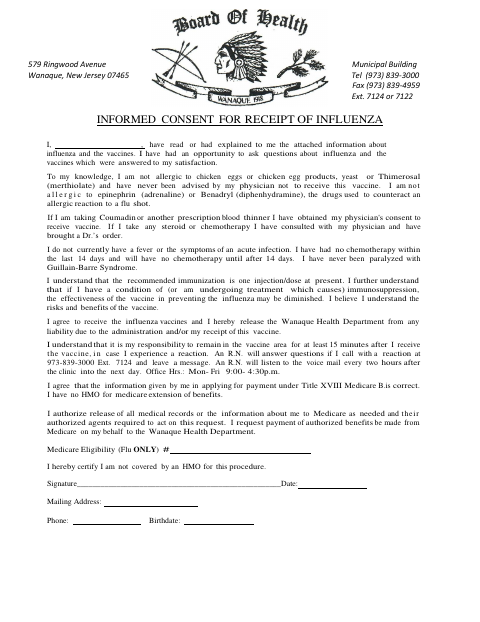 First page of the Informed Consent for Receipt of Influenza Vaccine