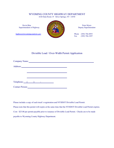 First page of the Divisible Load / Over-Width Permit Application