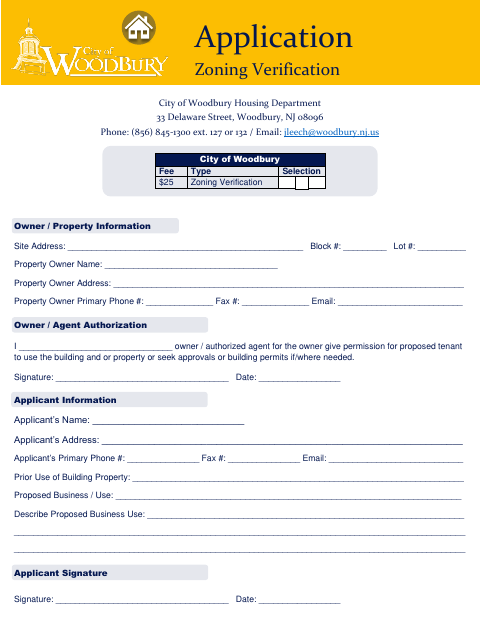 First page of the Zoning Verification Application