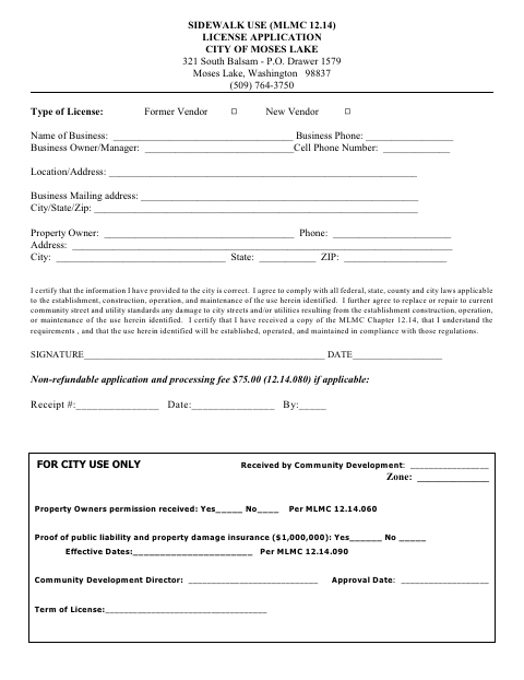 First page of the Sidewalk Use License Application