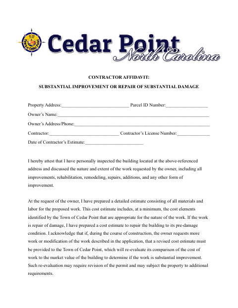 First page of the Contractor Affidavit for Substantial Improvement or Repair
