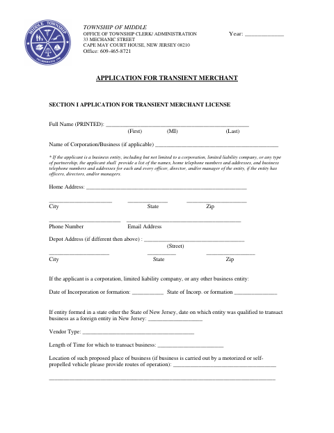 First page of the Transient Merchant Application