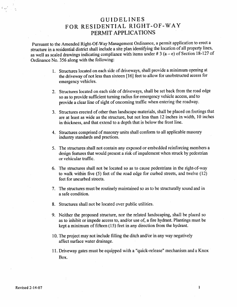 First page of the Residential Right-of-Way Permit Application