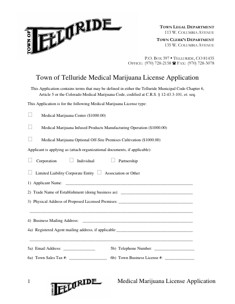 First page of the Medical Marijuana License Application