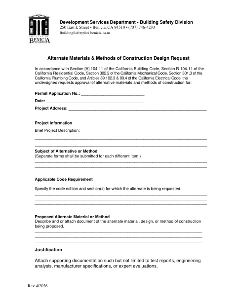 First page of the Alternate Materials & Methods of Construction Design Request
