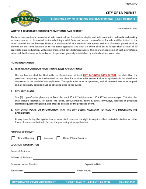 First page of the Temporary Outdoor Promotional Sale Permit