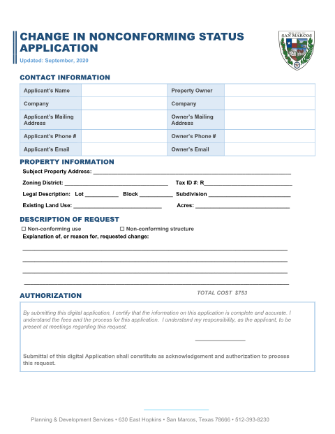 First page of the Change in Nonconforming Status Application