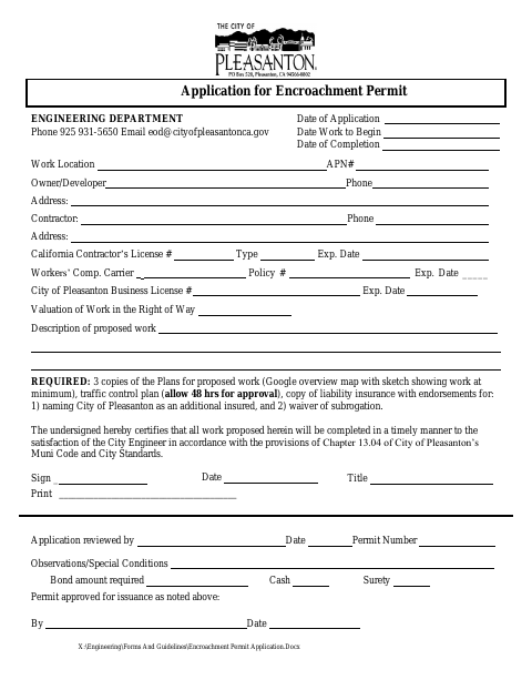 First page of the Encroachment Permit Application