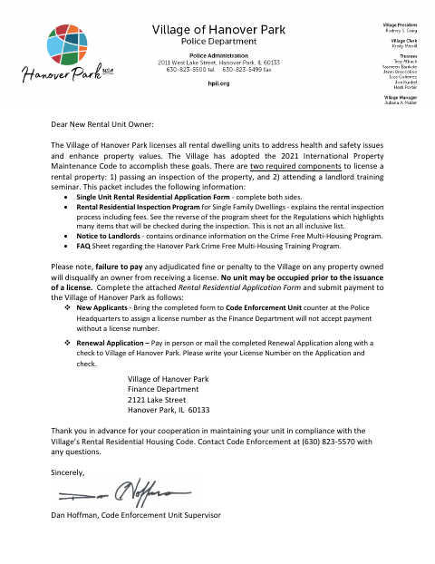 First page of the Single Unit Rental Residential Application Packet