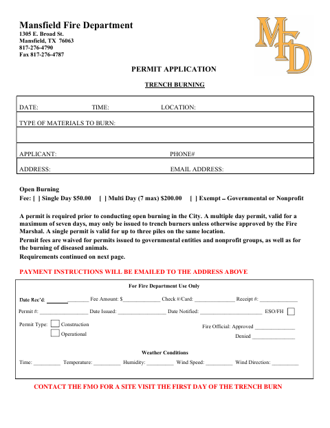 First page of the Trench Burn Permit Application