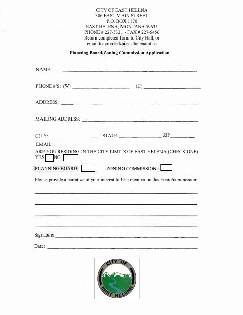First page of the City of East Helena Planning Board & Zoning Commission Application