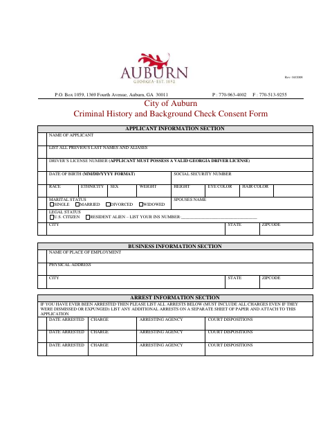 First page of the Criminal History and Background Check Consent Form