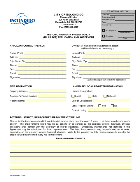 First page of the Historic Property Preservation Mills Act Application and Agreement