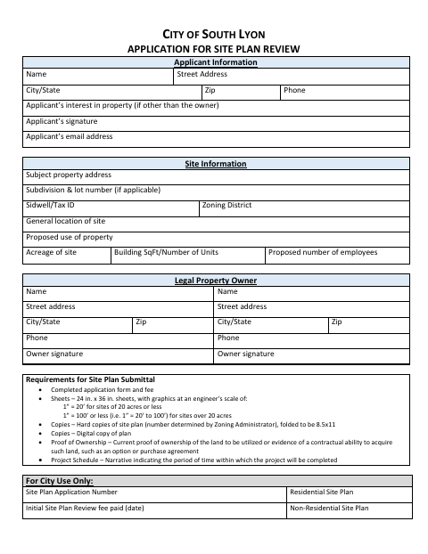First page of the Application for Site Plan Review