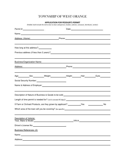 First page of the Application for Peddler’s Permit