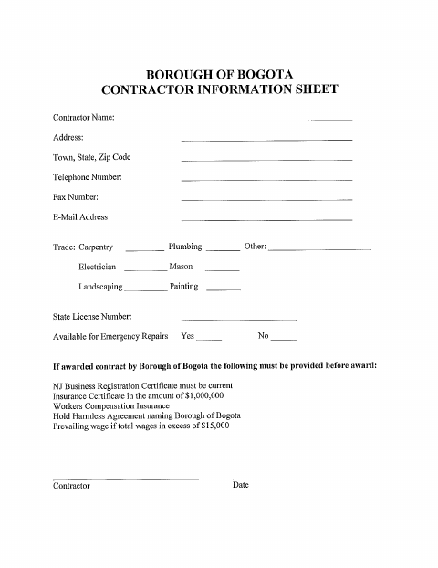 First page of the Contractor Information Sheet