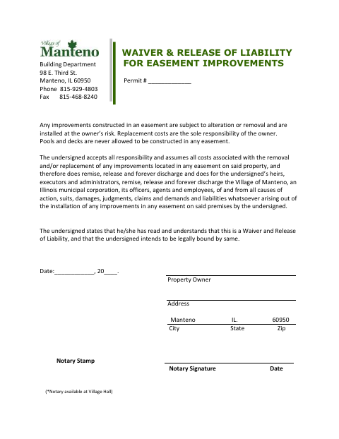 First page of the Waiver and Release of Liability for Easement Improvements