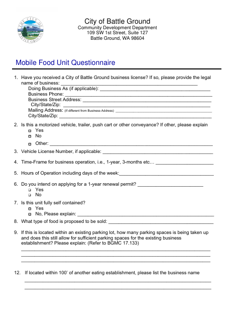 First page of the Mobile Food Unit “Food Cart” Questionnaire