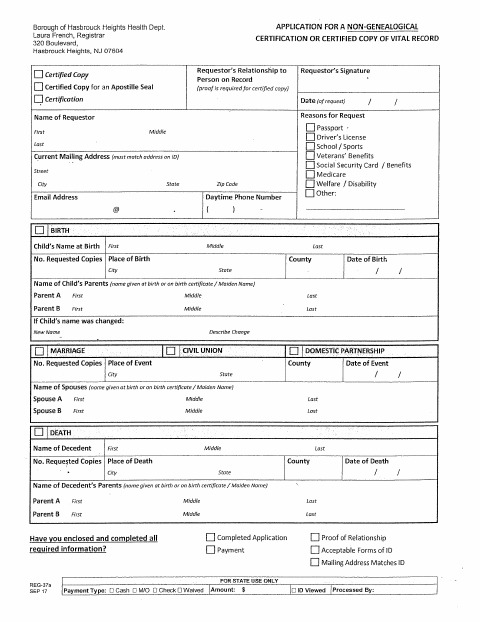 First page of the Non-Genealogical Vital Records Request