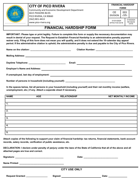First page of the Financial Hardship Form