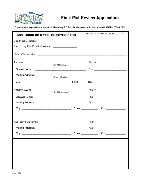 First page of the Application for a Final Subdivision Plat