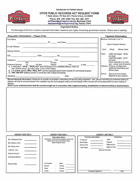 First page of the Open Public Records Act Request Form