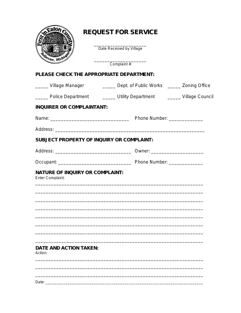 First page of the Request for Service