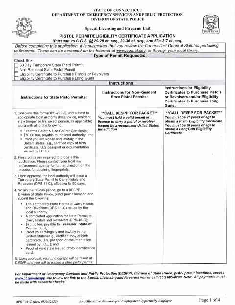 First page of the Pistol Permit and Eligibility Certificate Application