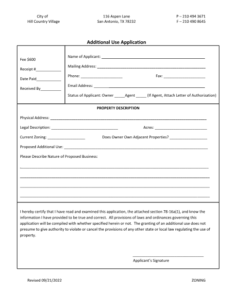 First page of the Additional Use Application