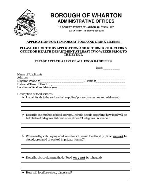 First page of the Application for Temporary Food and Drink License