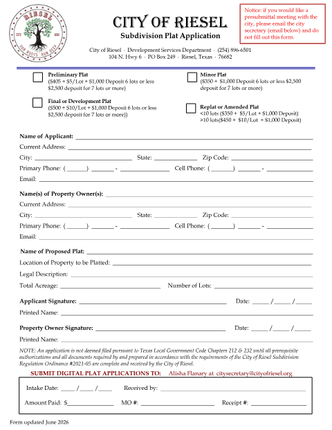 First page of the Subdivision Plat Application