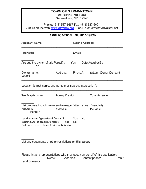 First page of the Subdivision Application
