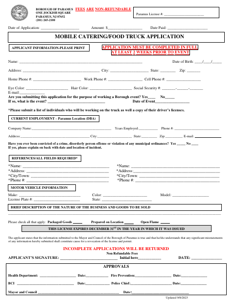 First page of the Mobile Catering Food Truck Application
