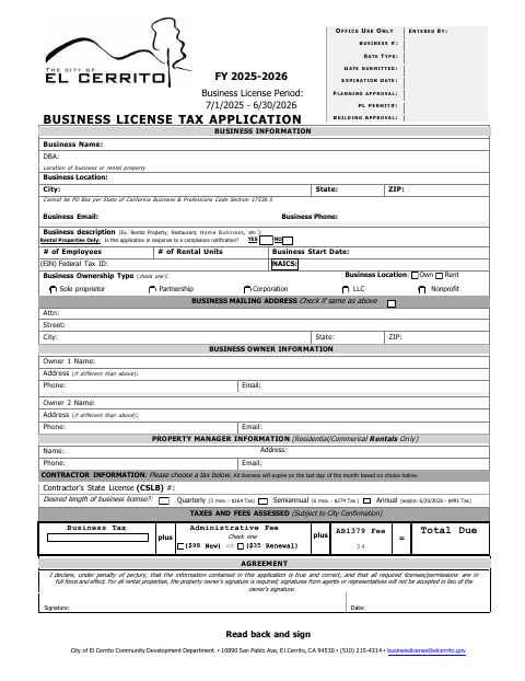 First page of the Business License Application
