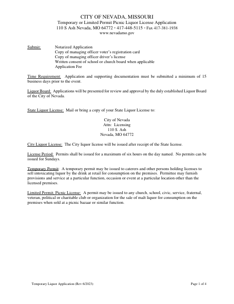 First page of the Temporary or Limited Permit Picnic Liquor License Application