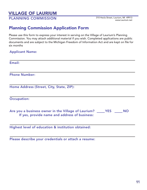 First page of the Planning Commission Application Form