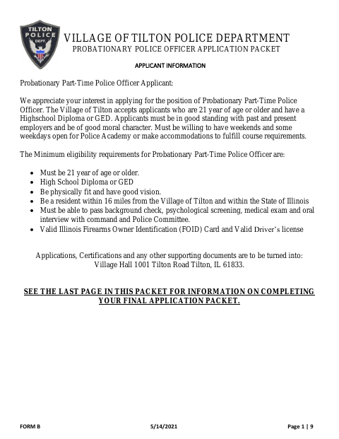 First page of the Probationary Part-Time Police Officer Application Packet