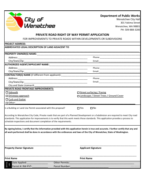 First page of the Private Right of Way Permit Application