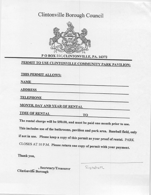 First page of the Community Park Pavilion Rental Permit
