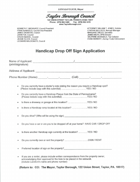 First page of the Handicap Drop-Off Sign Application