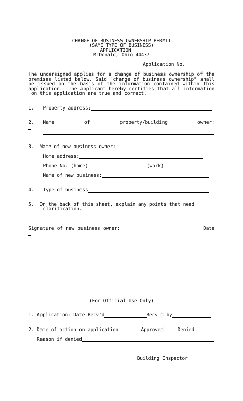 First page of the Change of Business Ownership Permit (Same Type of Business) Application