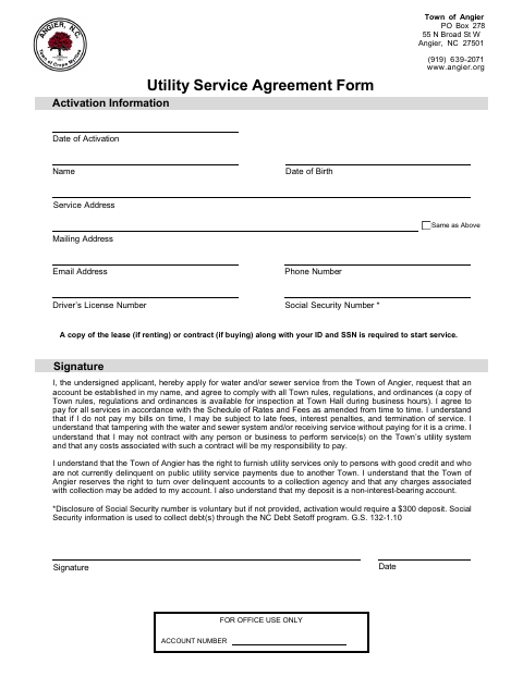 First page of the Utility Service Agreement Form