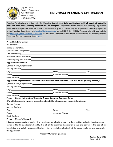 First page of the Universal Planning Application