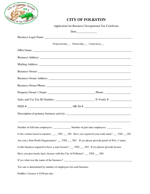 First page of the Business and Occupational Tax Certificate Application